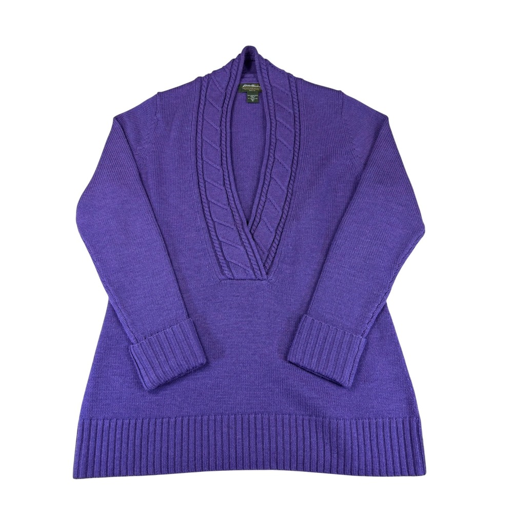Eddie Bauer Purple Merino Wool Shawl Collar Cable Knit Sweater Women XL TALL